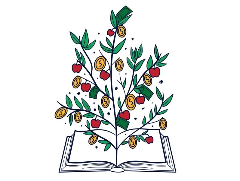 Teachers Who Want More Logo - Open book with a tree growing from it with apples and money